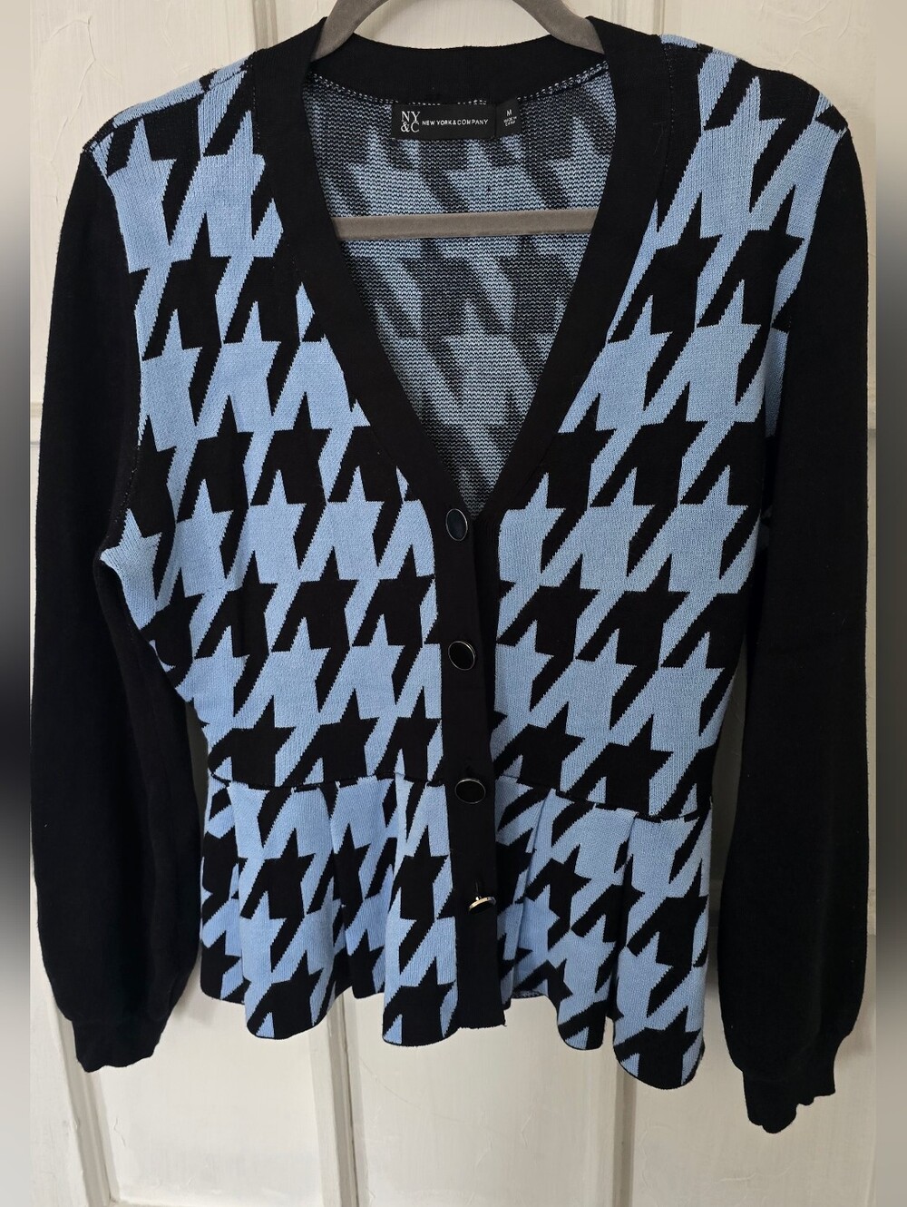 New York & Company Black and Light Blue Houndstooth Peplum Cardigan